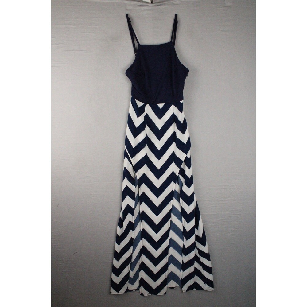 Shareen Collections Australia Dress Womens 6 Maxi Navy Blue Chevron Stripe Slit